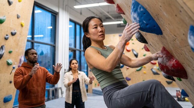 Focused woman bouldering on an indoor climbing wall with chalk on her hands while two supportive friends spot her from the mat below in a modern gym