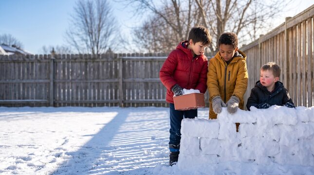 Three diverse young boys wearing warm winter jackets working together to build a snow fort wall with blocks in a sunny backyard