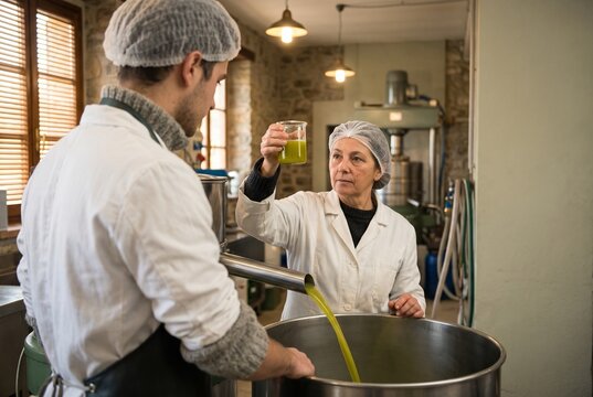 Senior woman and young man working together in an artisanal olive oil mill, examining a beaker of freshly pressed extra virgin olive oil for quality control