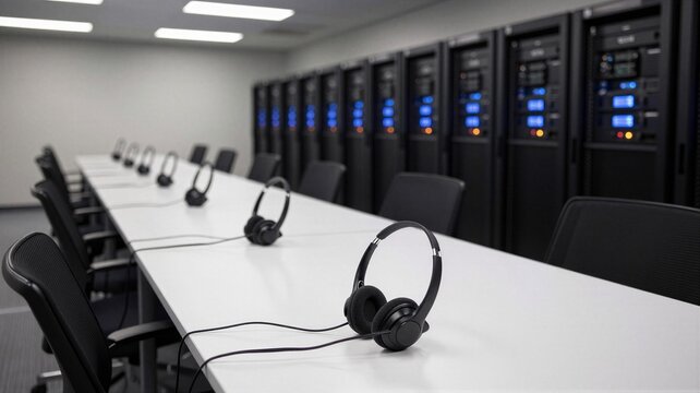 Call center headsets beside a voice server