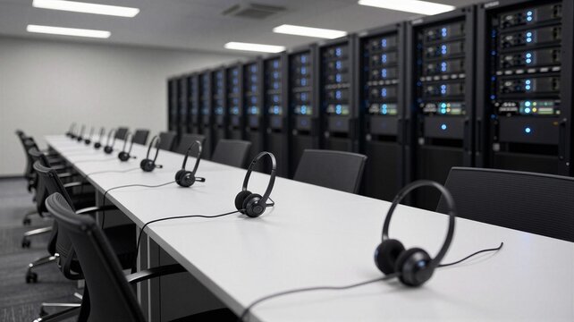 Call center headsets beside a voice server