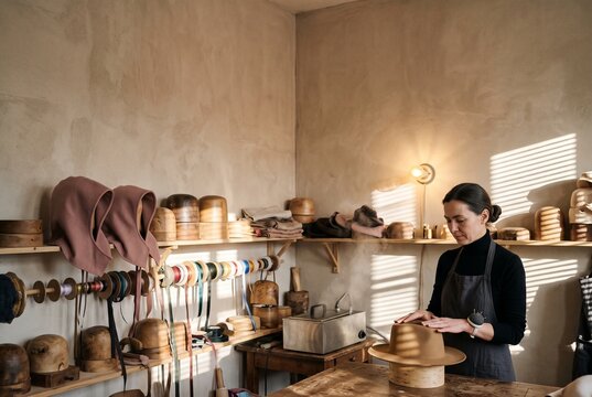 Skilled female milliner crafting a custom felt hat on a wooden block in a sunlit artisan workshop surrounded by traditional tools, ribbons, and molds