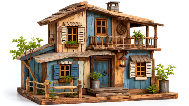 A handcrafted miniature house with weathered wood and detailed architectural features