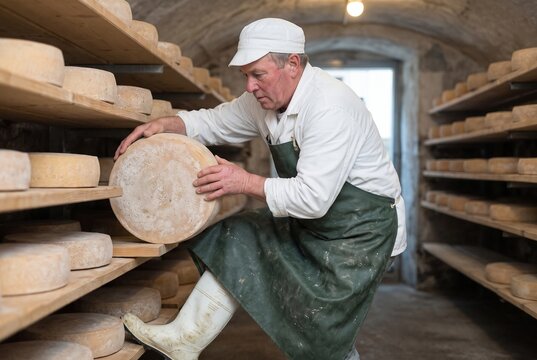 Experienced senior cheesemaker in an apron and cap carefully turning a large wheel of aging cheese on wooden shelves inside a traditional stone cellar