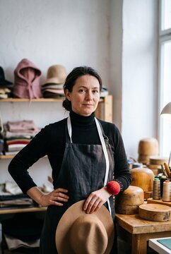 Portrait of a confident female milliner in a work apron holding a handmade felt hat in her bright workshop with wooden hat blocks and materials