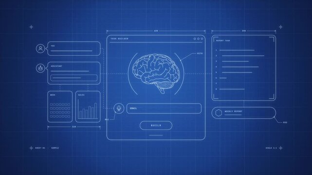 AI task builder interface turns a blueprint sketch into a scheduled weekly report automation with code