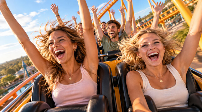 Excited young friends screaming with joy and raising their hands while riding a thrilling roller coaster at an amusement park, enjoying an adrenaline filled summer adventure under a bright blue sky