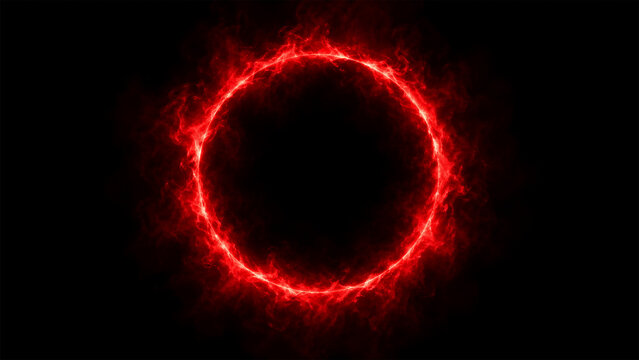 Glowing red fire ring with swirling flames, burning energy and electric plasma effects forming a bright circular frame with empty center isolated on a pure black background