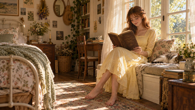 Young red-haired woman reading a vintage book in a cozy cottagecore bedroom with sleeping ginger cat, floral bedding, antique furniture and warm golden sunlight streaming through the window