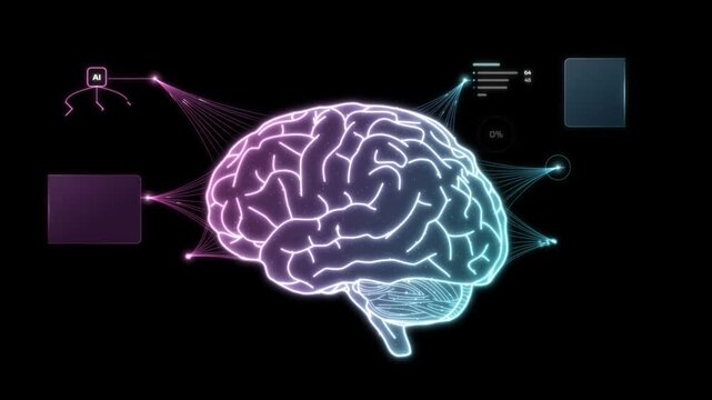 Glowing human brain outline draws from a spark and links to AI decision tree and analytics chart panels