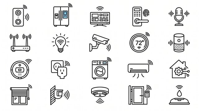 Minimalist black line icon set featuring smart home devices, wireless doorbells, microphones, televisions, digital locks, refrigerators, and WiFi connectivity.