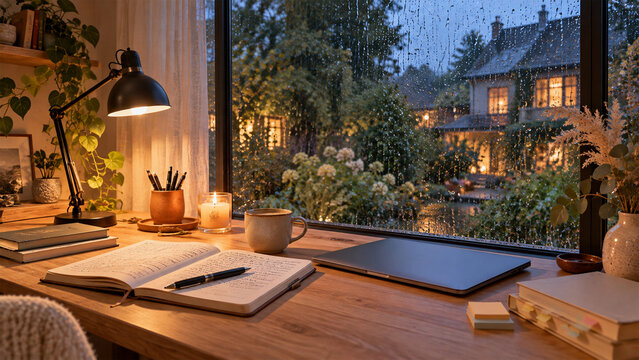Cozy home office desk on a rainy evening with laptop, open notebook, coffee cup, glowing candle and warm desk lamp beside a large rain covered window overlooking a peaceful garden