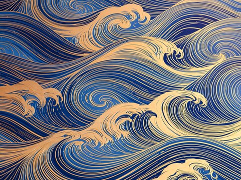 Traditional Japanese wave pattern with elegant gold foil lines and deep blue swirling water abstract vector background