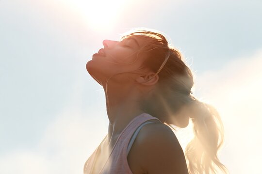 Serene young woman closing eyes and taking a deep breath under bright morning sun flare