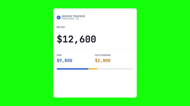 Freelance Invoice Tracker Interface Animation on Green Screen Showing Billed Amount Paid Total and Outstanding Balance Status
