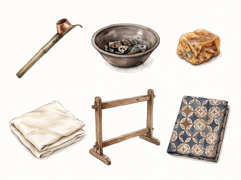 Collection of Traditional Indonesian Batik Making Tools and Fabric Watercolor Illustration.