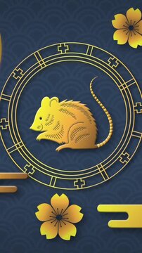 Vertical video: On loop golden rat emblem pulsing while flowers and cloud bars drifting for decor