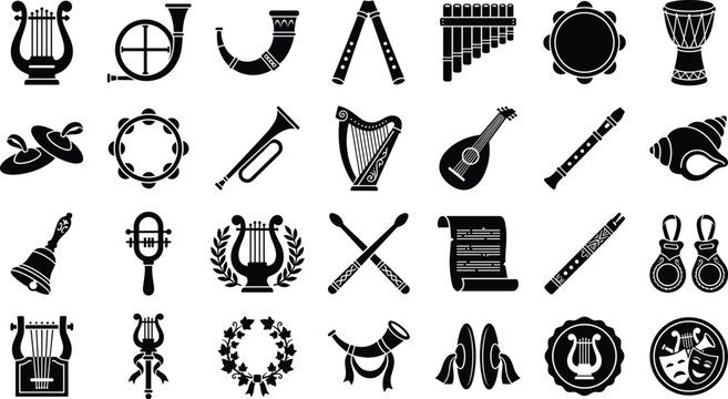 Set of ancient musical instruments icons, vector illustration