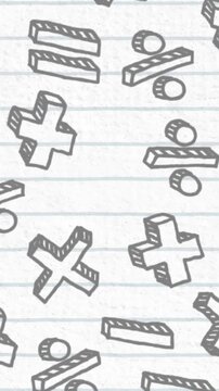 Vertical video: Loop starting, center column of math symbols repeating on lined paper as background