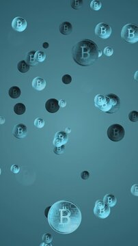 Vertical video: Bitcoin bubbles appearing atop drifting down clumping and zooming to show circuitry
