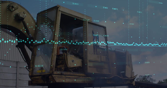 Construction site with excavator overlayed by digital data points and analytics