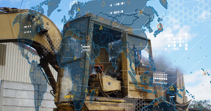 Heavy machinery operating at construction site with digital world map overlay
