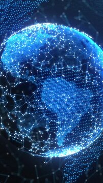 Vertical video: On start cam panning globe rotating, nodes pulsing, stream falling, showing network