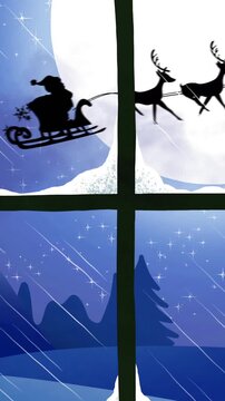 Vertical video: Santa sleigh and reindeer crossing 4-pane window after moon sparkle, bringing gifts