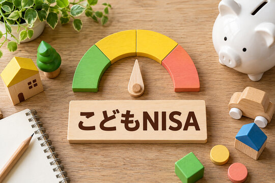 色分けしたリスクメーターとこどもNISAの木札