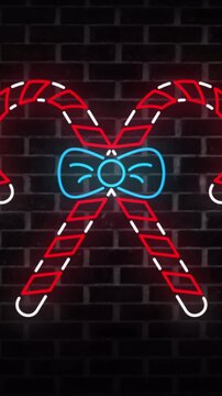 Vertical video: After pause neon sign lighting up, holding then fading off, making festive accent