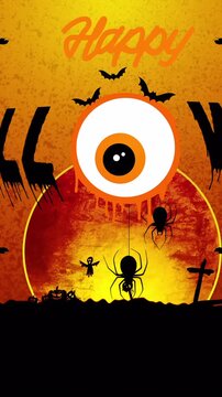 Vertical video: Glowing disk starting central eye moving while spiders dropping forming spooky loop