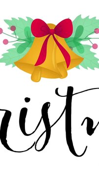 Vertical video: Script appearing, gold bells scaling and holly fanning into card art then clearing