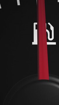 Vertical video: Ignition starting red fuel needle sweeping right, revealing pump icon, showing fill