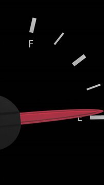 Vertical video: On start red needle rotating clockwise, sweeping past ticks to E to show fuel drop