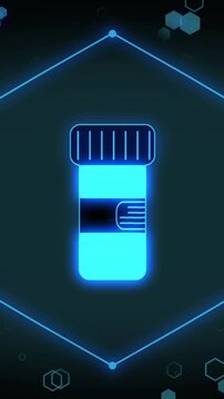 Vertical video: Neon lines forming hex making cyan bottle pulsing and cycling label, showing dosage
