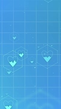 Vertical video: ECG waveform drawing peaks, peak causing hex hearts pulsing, showing vitals on grid