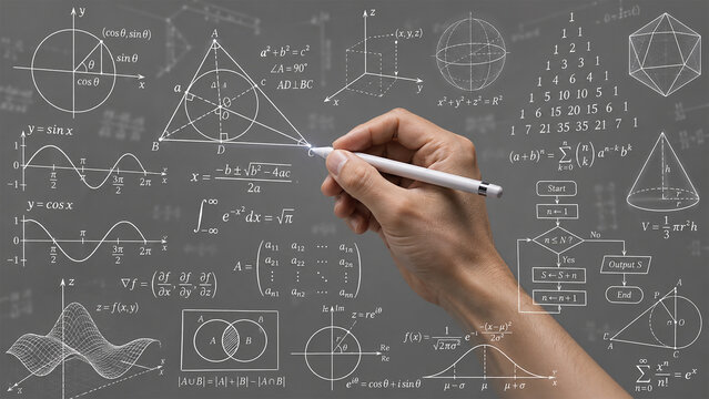 Hand holding a white pen drawing mathematical formulas and geometric diagrams on a gray chalkboard, advanced mathematics education with algebra, calculus, trigonometry and scientific equations