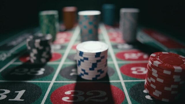 Stacks of chips placed on a green roulette table. Bets ready before the wheel is spun. Casino gambling and card club evening
