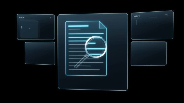 Contract audit dashboard on glass panels checks signatures, dates and clauses until 12 of 12 files pass