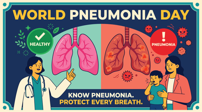 World pneumonia day medical vector illustration featuring healthy and infected lungs comparative anatomy alongside doctor explaining symptoms to concerned mother and coughing child patient
