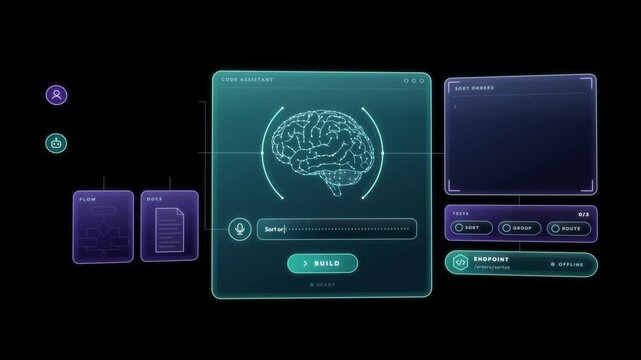 AI code assistant interface turns a voice prompt into code as tests pass and the endpoint goes live