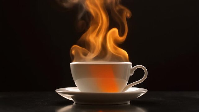 A delicate white porcelain teacup on a matching saucer, filled with tea, thick curls of steam rising