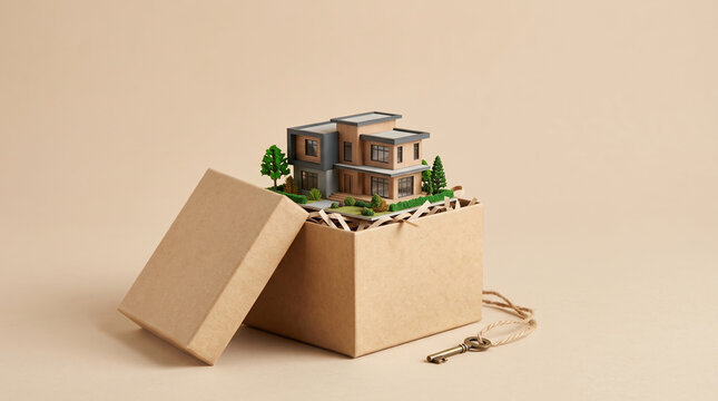 Miniature modern house in box with open lid, garden, and key suggesting new home purchase