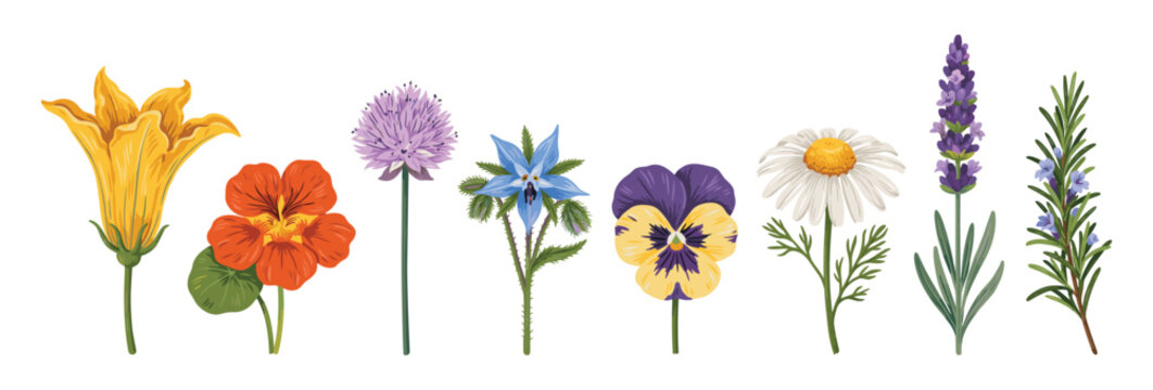 Edible Flowers and Herbs Vector Line Art featuring Squash Blossom, Nasturtium, Chive Flower, Borage, Pansy, Chamomile, Lavender, and Rosemary