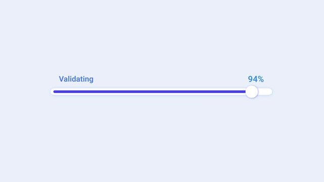 Minimal animated blue progress line with a circular indicator and validating status text on a soft pastel background, ideal for form validation, data verification, and modern software interface animat