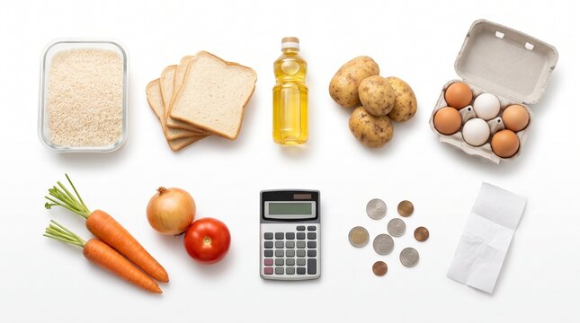 Everyday food items and financial tools for managing kitchen expenses