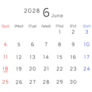 2028年シンプルカレンター 6月　曜日英語　リマインダー、予定、ビジネス、スケジュールなど