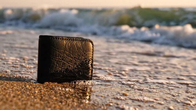 Black leather wallet lying on sand at the beach, lost personal accessory near ocean waves at sunset.