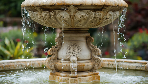 Classical stone garden fountain with flowing water, ornate carved marble water feature, elegant outdoor tiered fountain for landscaping