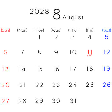 2028年シンプルカレンター 8月　曜日英語　リマインダー、予定、ビジネス、スケジュールなど